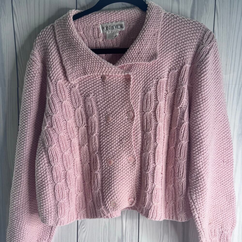 Vintage Point of View 1990s Chunky Ramie Double Button Cropped Sweater Pink Med